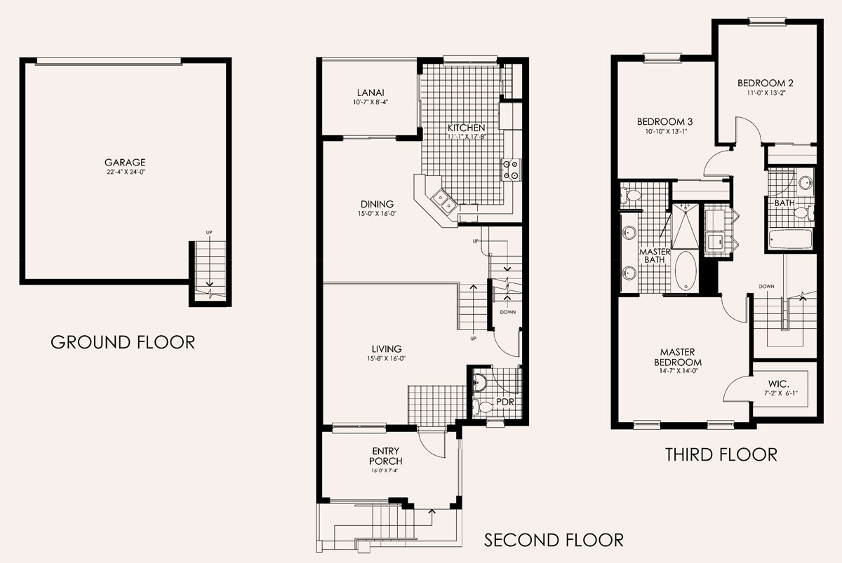 Santa Cruz Townhome Floor Plan in Paseo, 3 bedroom, 2.5 bath, living room, dining room, entry porch, lanai and 2-car garage